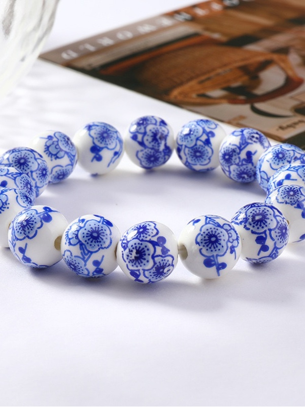 Blue and White Floral Porcelain Bead Bracelet